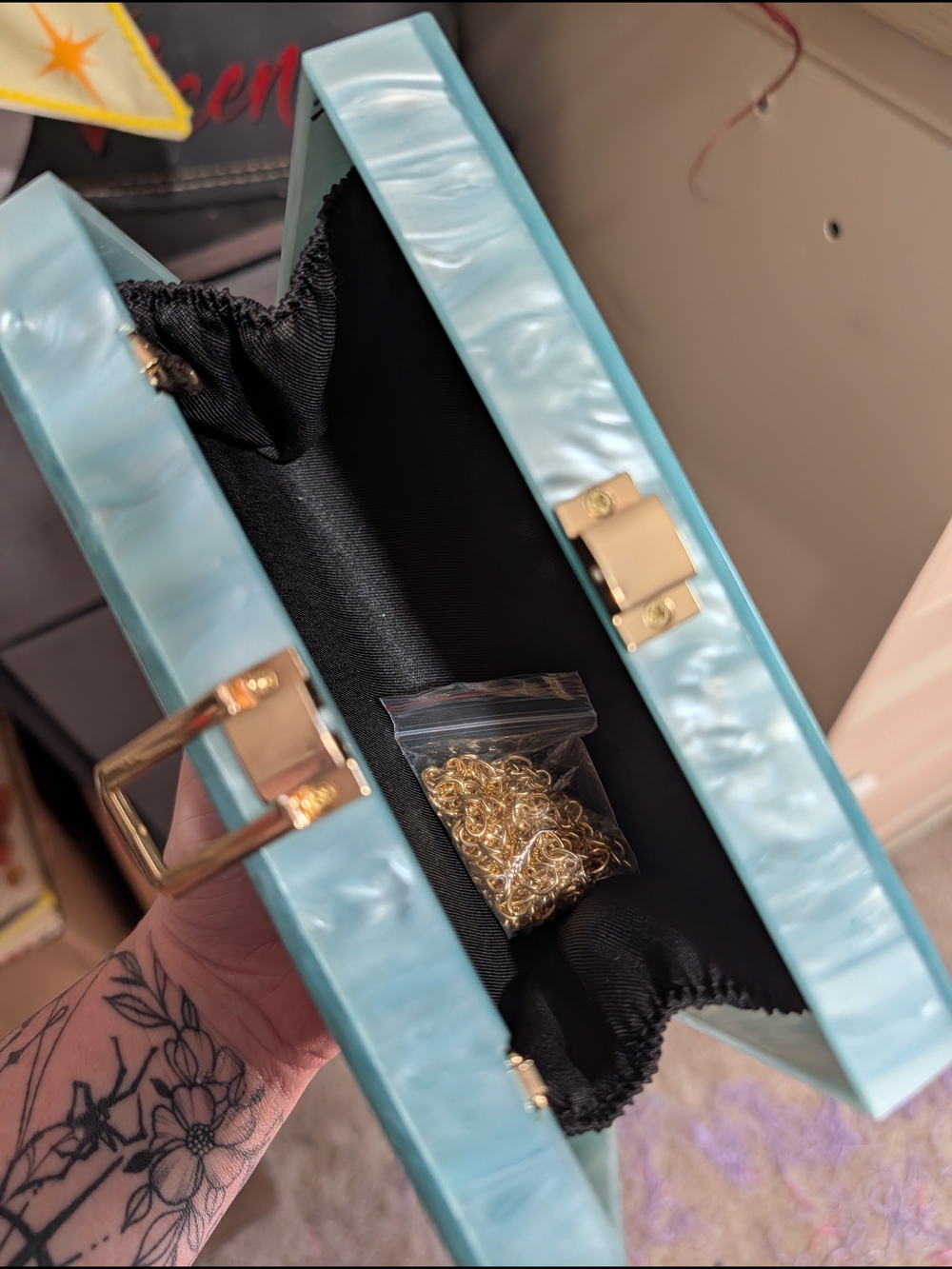 Acrylic Box Clutch in Light Blue with Gold Hardware